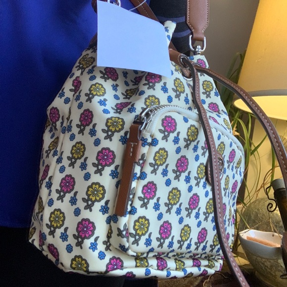 Authentic TORY BURCH leather/canvas bucket drawstring crossbody - Picture 8 of 16